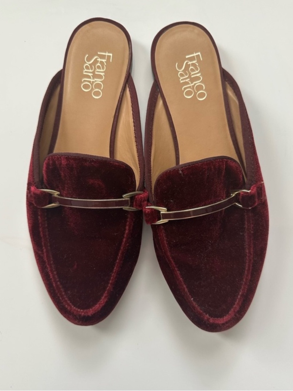 Franco Sarto Pippa Velvet Mules, Burgundy 8.5 Excellent Condition
